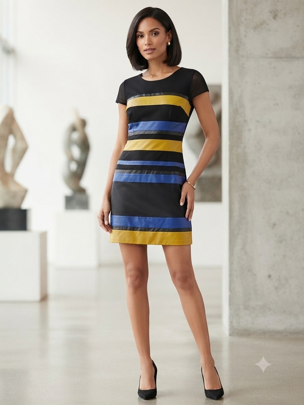 Black Mini Dress with Blue and Yellow Stripes